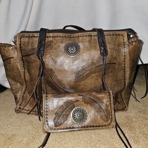 Brown Leather Feather-Embellished Women's Bag CC hand Bag + Wallet